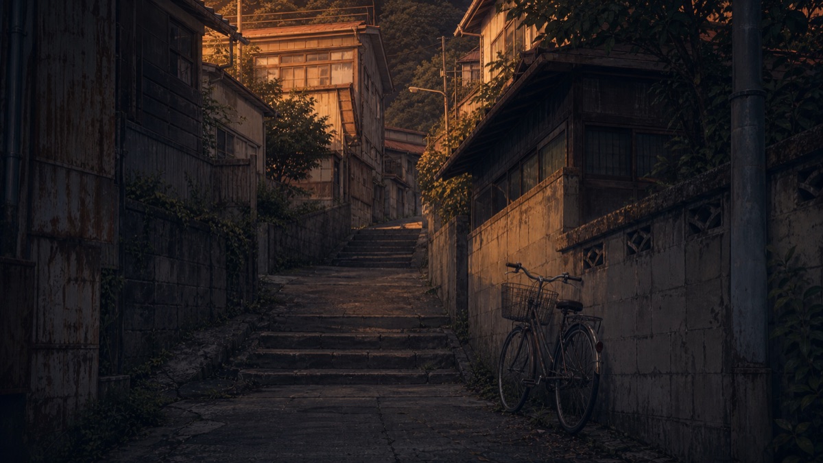 家々の間を上る夕暮れの八幡坂